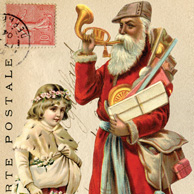 Collage with Santa Claus with a trumpet