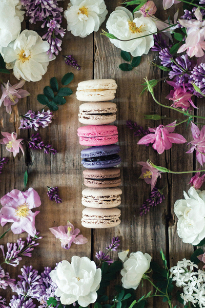 Colorful macaroons and flowers
