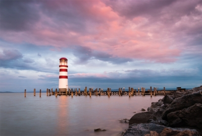 Lighthouse at Lake Neusiedl at sunset