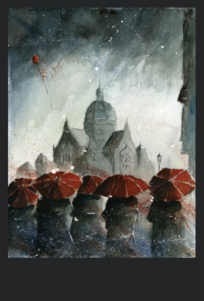 Grzegorz Chudy - Red umbrellas and old synagogue
