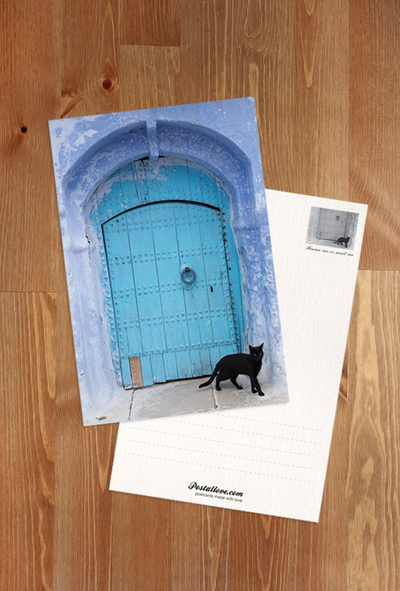 Blue door & black cat