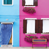 Pink and blue house facades