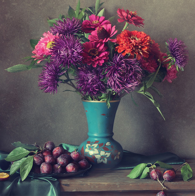 Still life with asters and plums