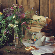 Still life with books & teapot