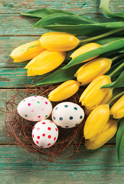 Easter eggs and yellow tulips