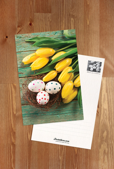 Easter eggs and yellow tulips