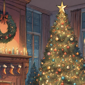 Christmas tree, fireplace and gifts