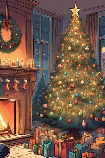 Christmas tree, fireplace and gifts