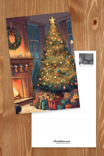 Christmas tree, fireplace and gifts