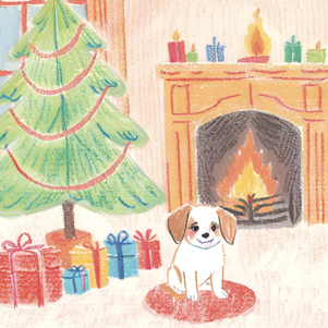 Little dog, Christmas tree, fireplace and gifts