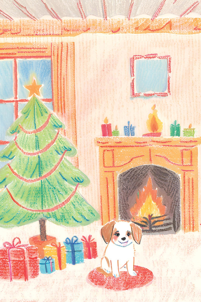 Little dog, Christmas tree, fireplace and gifts