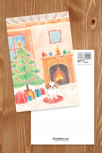 Little dog, Christmas tree, fireplace and gifts