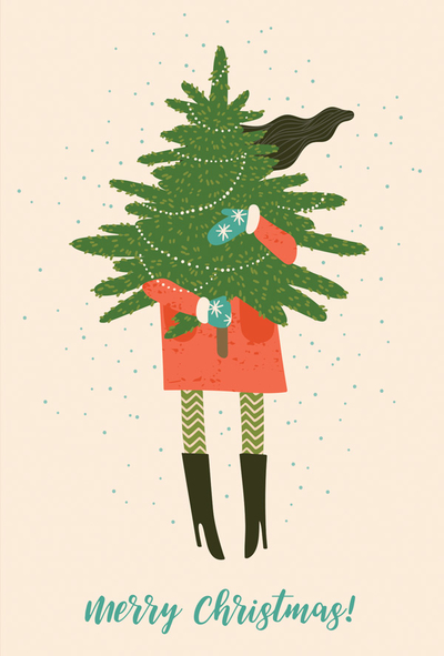 Merry Christmas - girl with a Christmas tree