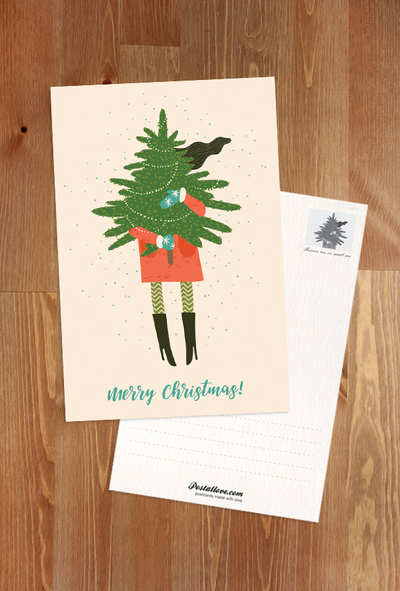 Merry Christmas - girl with a Christmas tree
