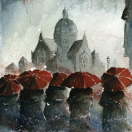 Grzegorz Chudy - Red umbrellas and old synagogue