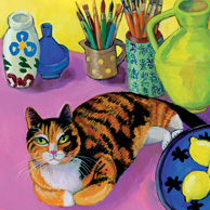 Isy Ochoa - Large pink interior with Cocotte, tricolor cat