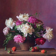 Bouquet of peonies and strawberries
